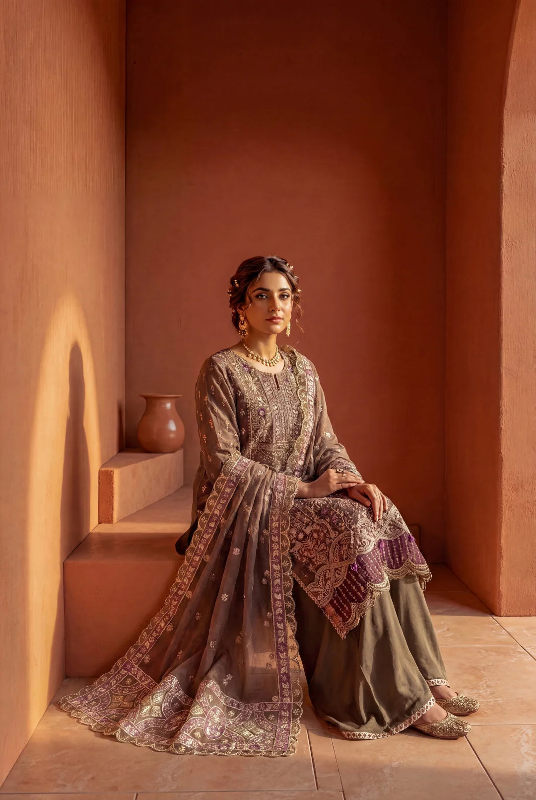 Dark Shadow – Earthy Brown & Plum Embroidered Ensemble