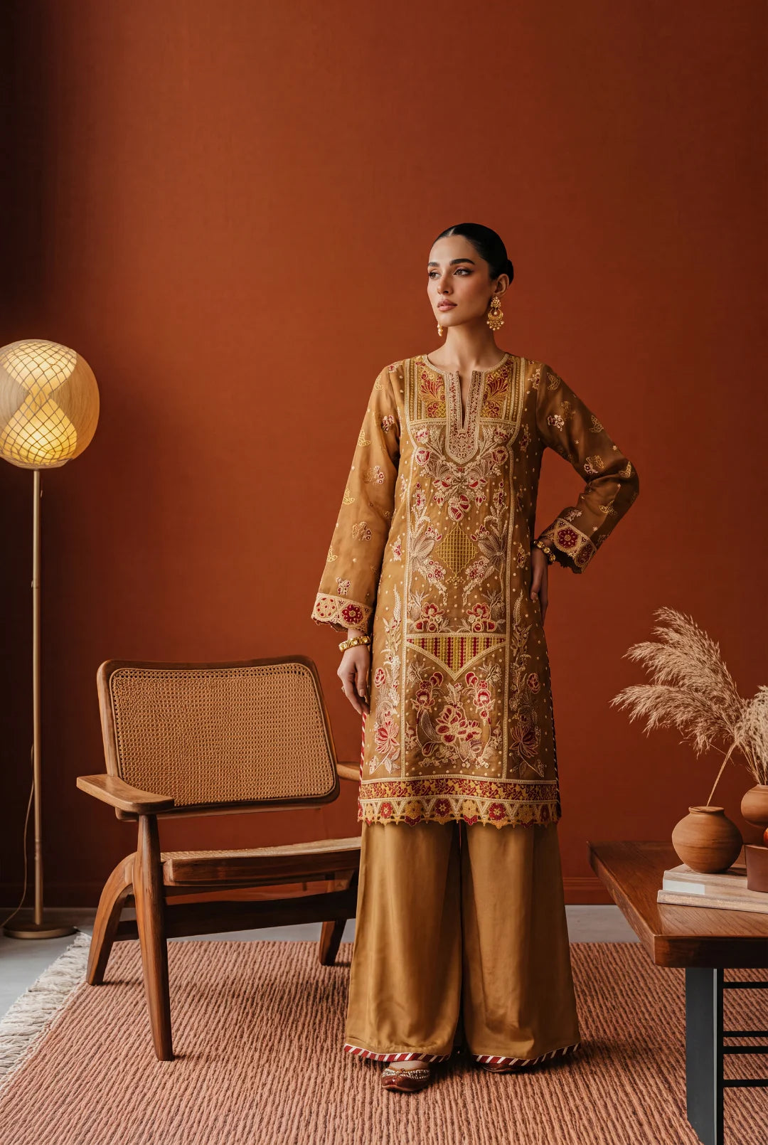 Zarmine – Champagne Gold and Crimson Embroidered Ensemble