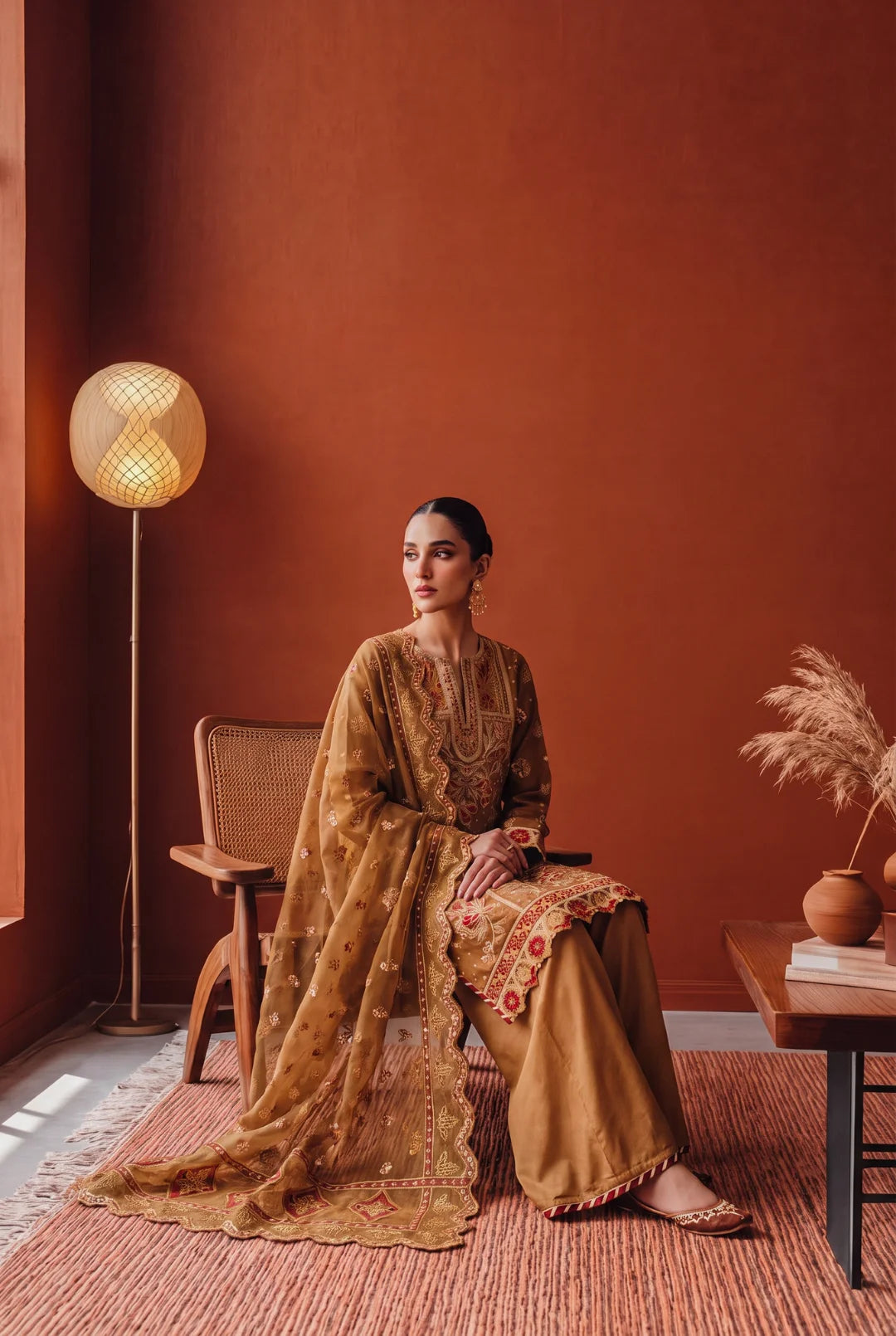 Zarmine – Champagne Gold and Crimson Embroidered Ensemble