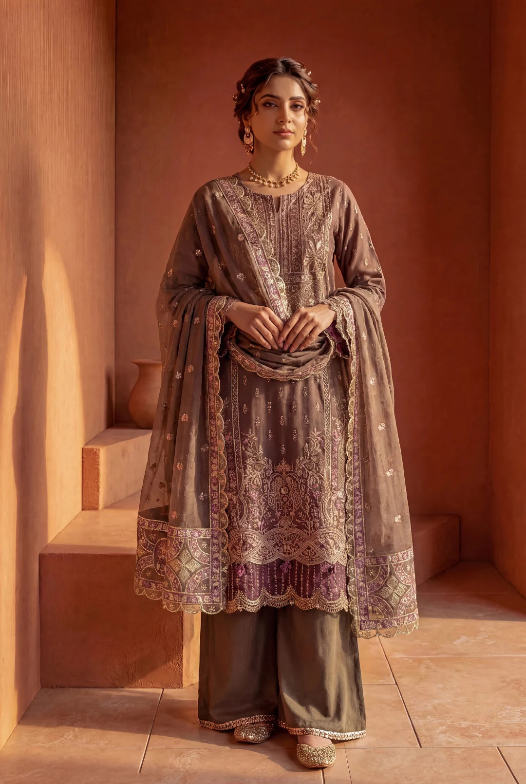 Dark Shadow – Earthy Brown & Plum Embroidered Ensemble
