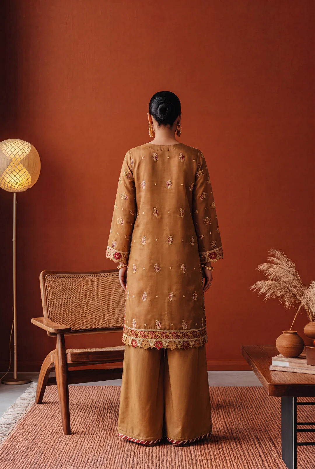 Zarmine – Champagne Gold and Crimson Embroidered Ensemble