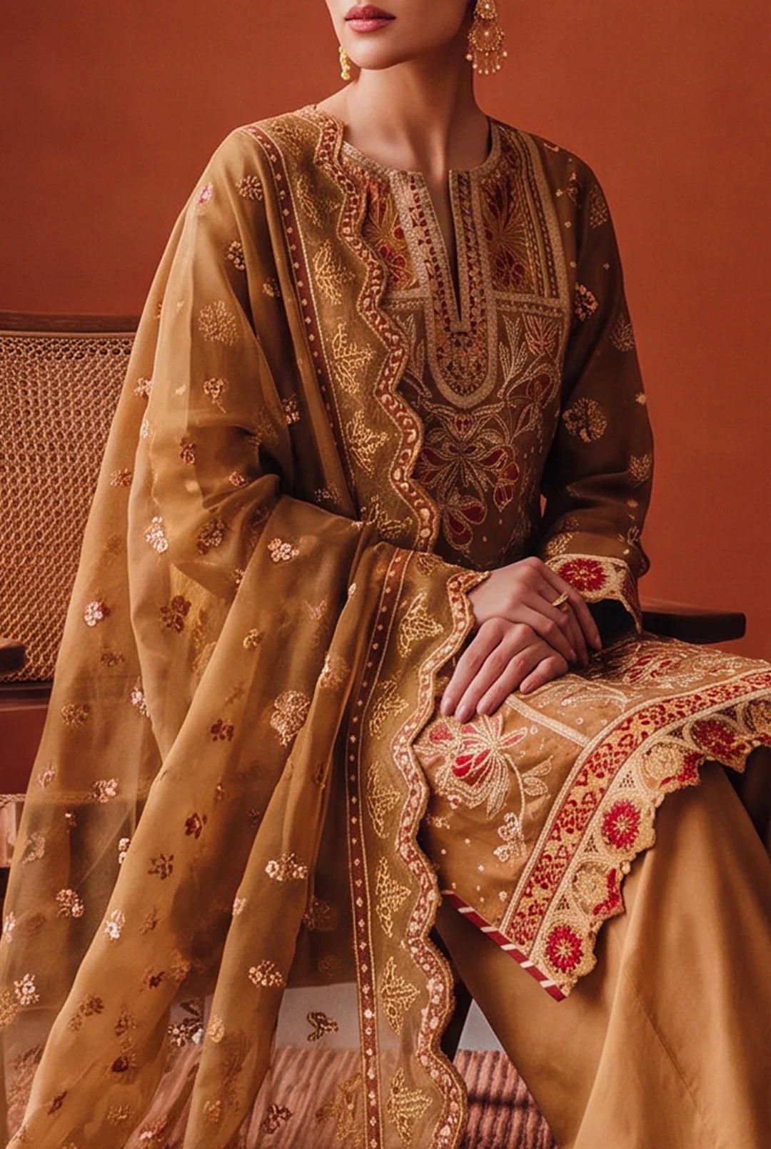 Zarmine – Champagne Gold and Crimson Embroidered Ensemble