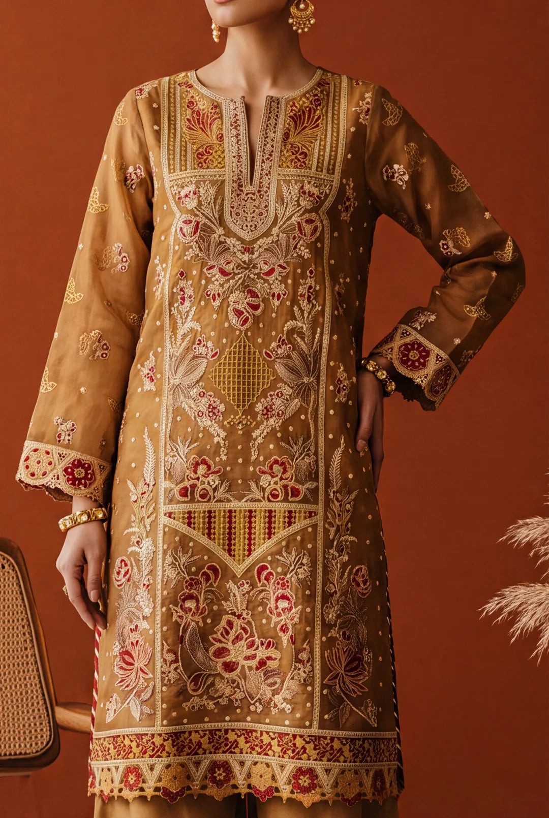 Zarmine – Champagne Gold and Crimson Embroidered Ensemble