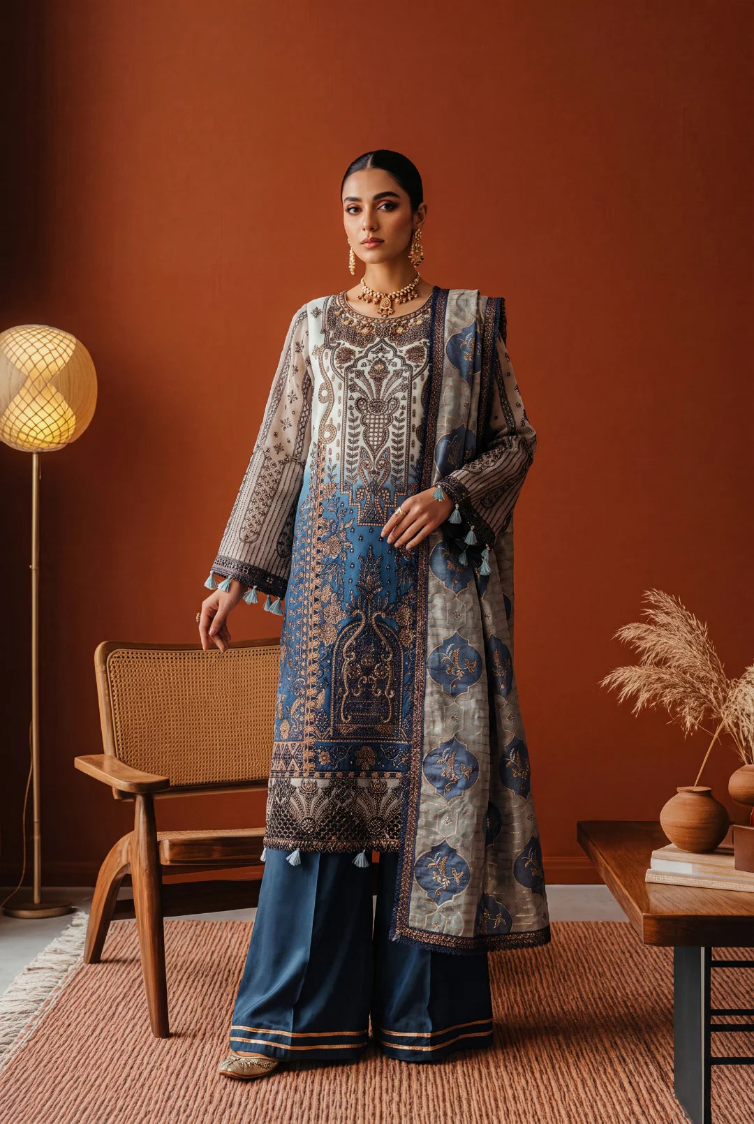 Blue and Off-White / Cream Shaded Embroidered Ensemble