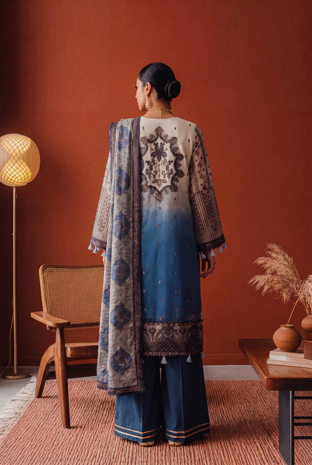 Blue and Off-White / Cream Shaded Embroidered Ensemble