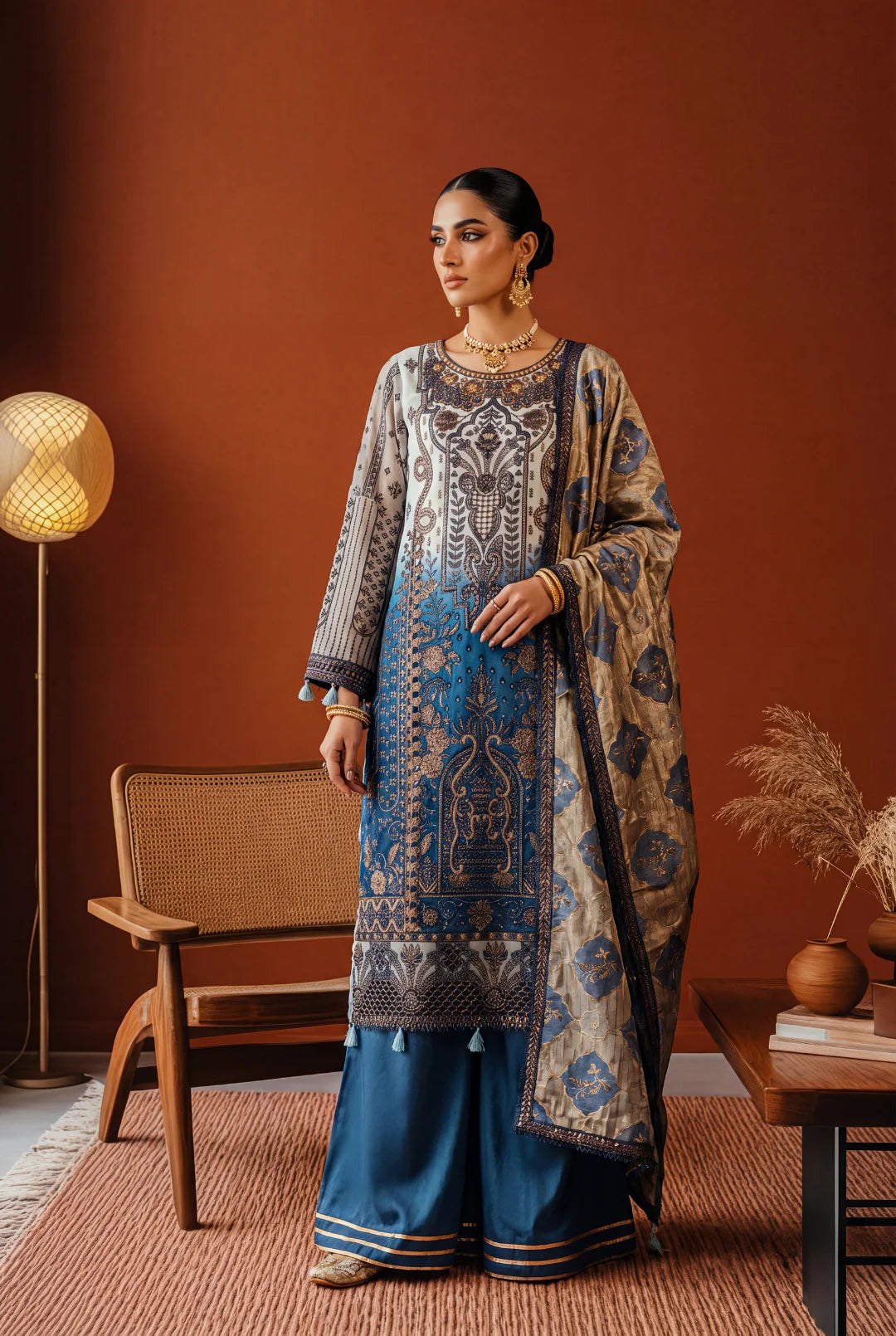 Blue and Off-White / Cream Shaded Embroidered Ensemble