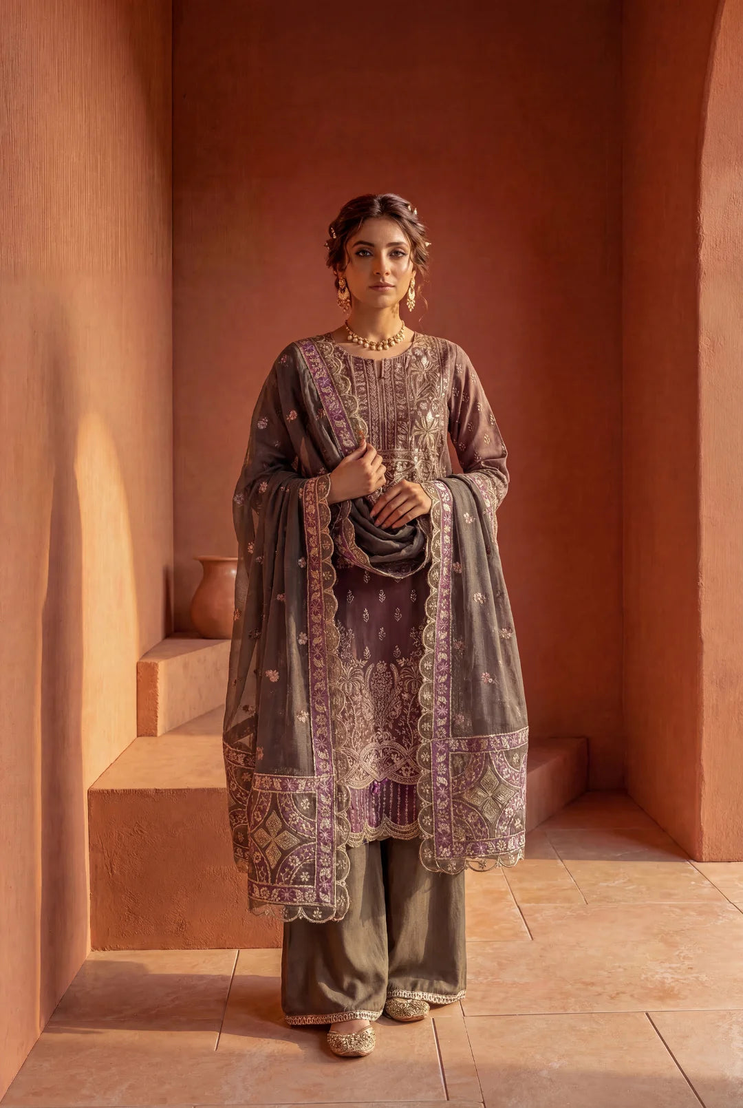 Dark Shadow – Earthy Brown & Plum Embroidered Ensemble