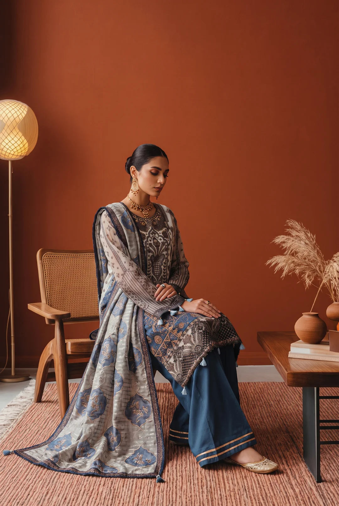 Blue and Off-White / Cream Shaded Embroidered Ensemble