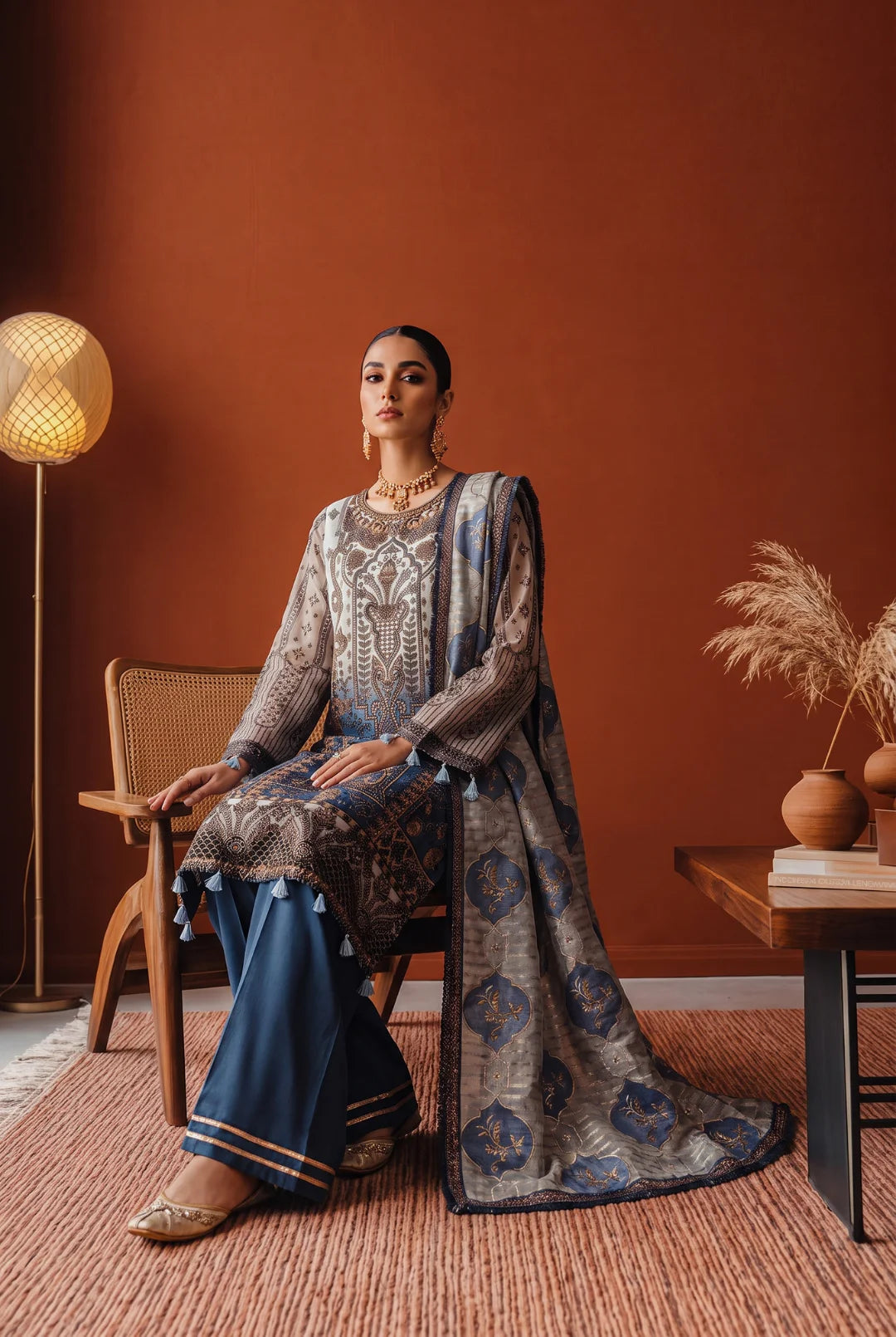 Blue and Off-White / Cream Shaded Embroidered Ensemble