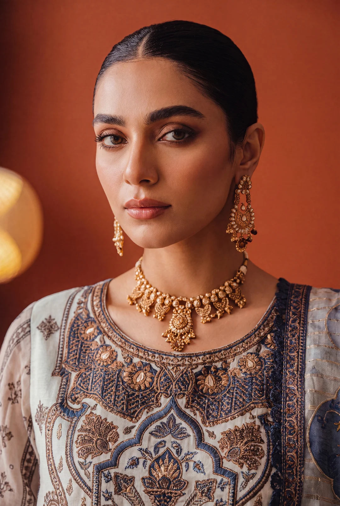 Blue and Off-White / Cream Shaded Embroidered Ensemble