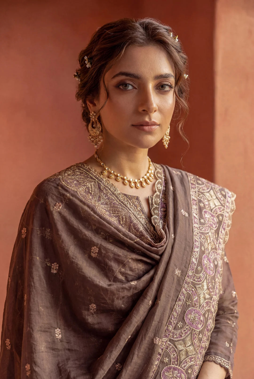 Dark Shadow – Earthy Brown & Plum Embroidered Ensemble