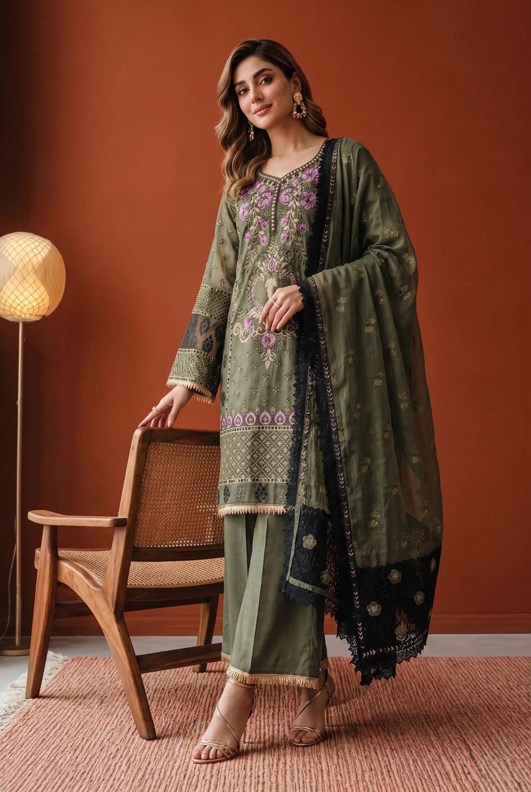 Olive Muse – Deep Olive Green & Magenta Embroidered Ensemble