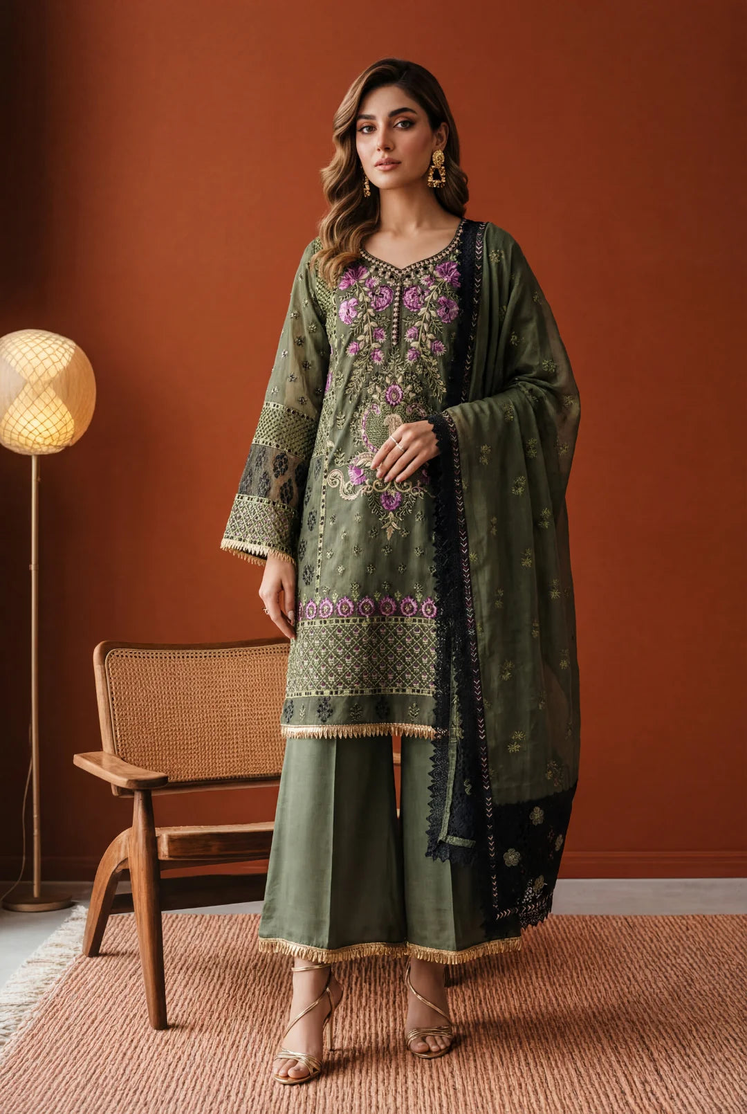 Olive Muse – Deep Olive Green & Magenta Embroidered Ensemble