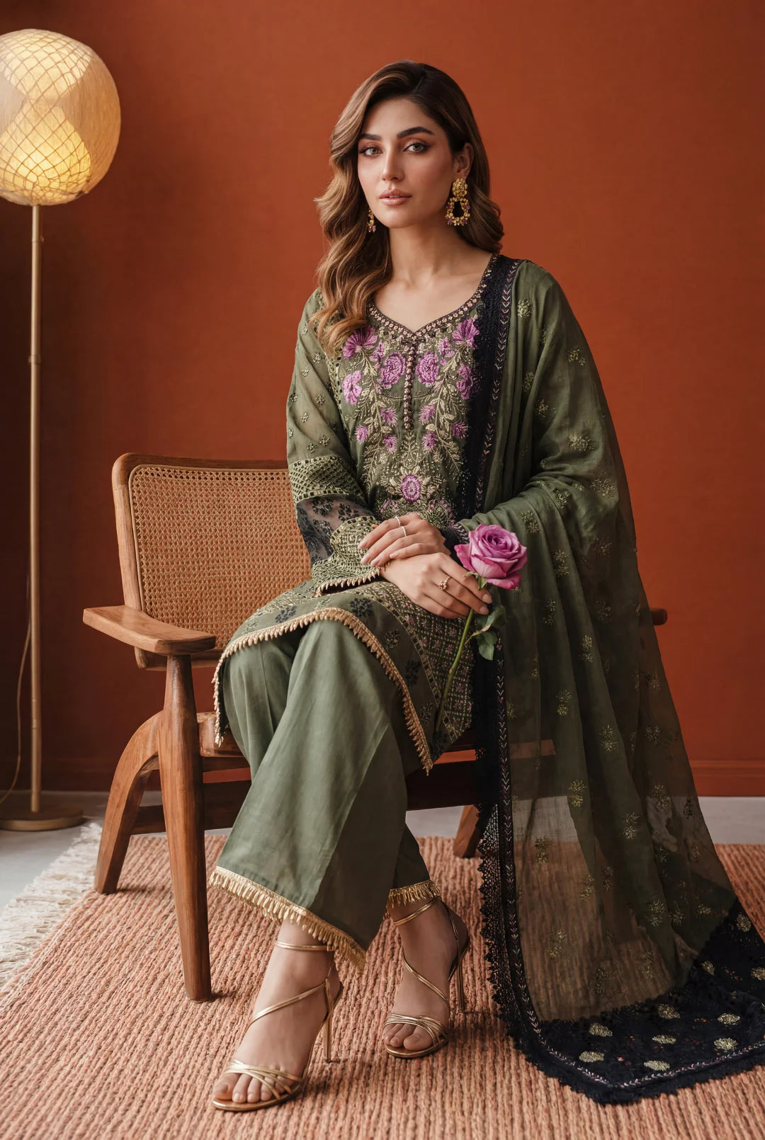 Olive Muse – Deep Olive Green & Magenta Embroidered Ensemble