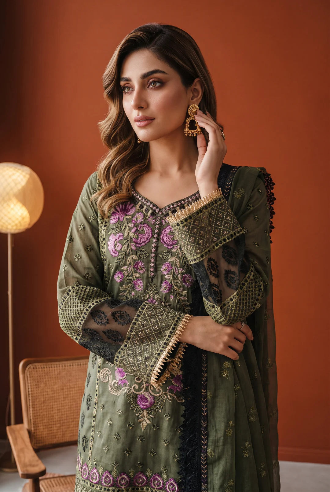 Olive Muse – Deep Olive Green & Magenta Embroidered Ensemble