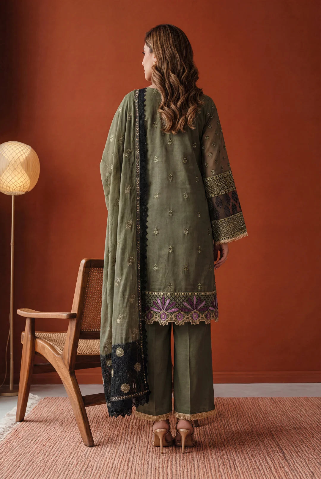 Olive Muse – Deep Olive Green & Magenta Embroidered Ensemble