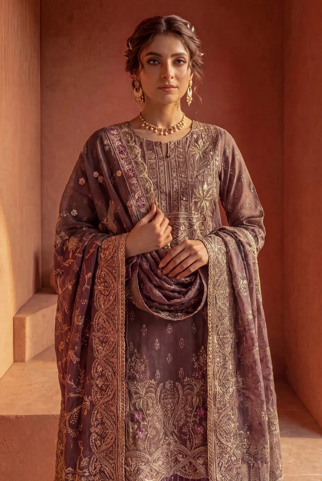 Dark Shadow – Earthy Brown & Plum Embroidered Ensemble
