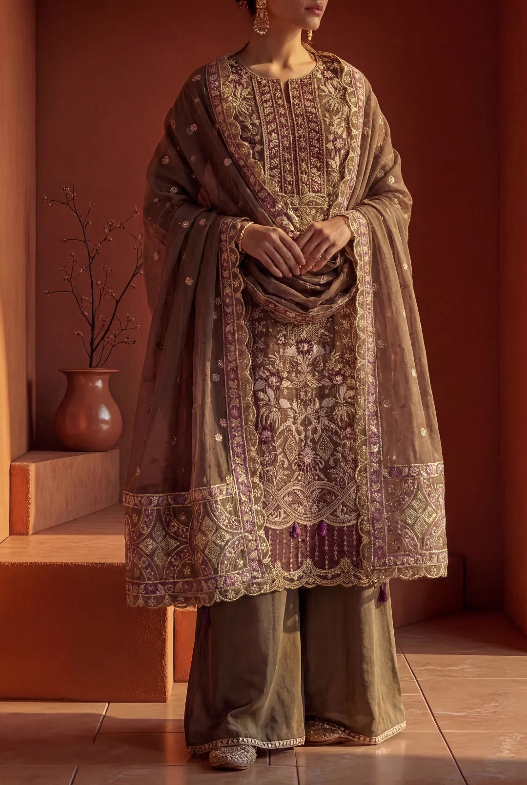 Dark Shadow – Earthy Brown & Plum Embroidered Ensemble